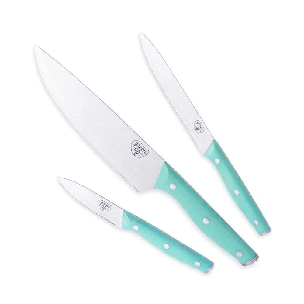 NEW GreenLife 3-Piece Knife Set - Chef Santoku Utility Paring Turquoise